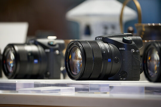 SHENZHEN, CHINA - NOVEMBER 22, 2019: cameras on display at Sony store in Shenzhen.