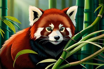 red panda on bamboo