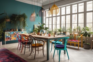 Fototapeta premium A vibrant and eclectic dining room with colorful mismatched chairs, a statement chandelier. Generative AI