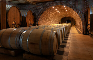 Old wine cellar with barrels under castle