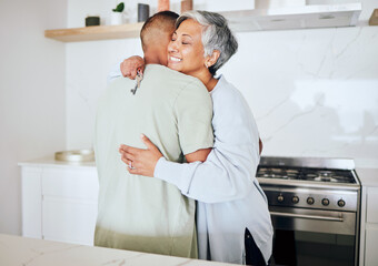 Senior couple, new home and hug with key, smile and start life together with property investment...