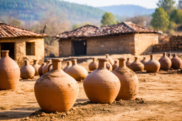 a kvevri (qvevri) in a Georgian winery, showcasing the beautiful craftsmanship of the clay vessel, symbolizing the rich wine culture and historical roots of winemaking in the region. - obrazy, fototapety, plakaty