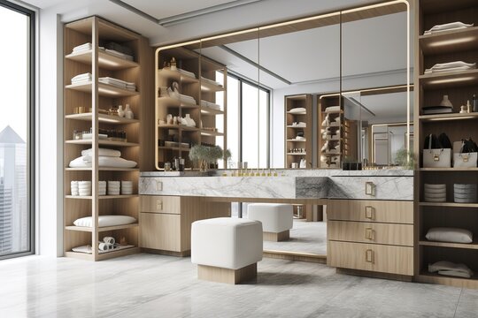 A luxurious dressing room with custom shelving. Generative AI