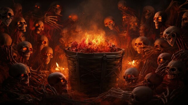 a basket of terror: the ghastly collection of zombie heads, an ominous harvest of the undead, vividly depicting the horrors and fascination of halloween in a world gone mad. Ai Generated