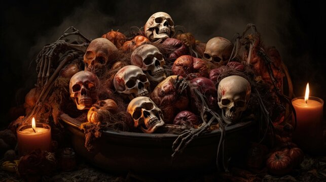 a basket of terror: the ghastly collection of zombie heads, an ominous harvest of the undead, vividly depicting the horrors and fascination of halloween in a world gone mad. Ai Generated