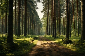  Row Of Tall Trees In a Serene Forest, Generative AI