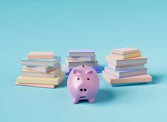 Stack of college books and savings in ceramic piggy bank concept