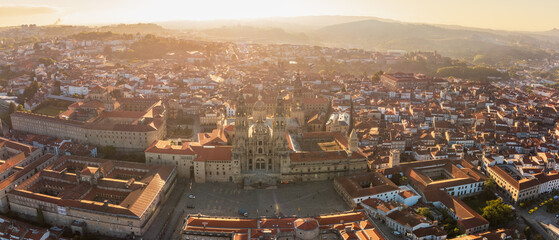 Early Morning Panoramic View of the Cathedral of Santiago de Compostella, Spain - obrazy, fototapety, plakaty