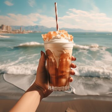 Young woman holding iced coffee at the beach with blue clear water. Generative Ai.