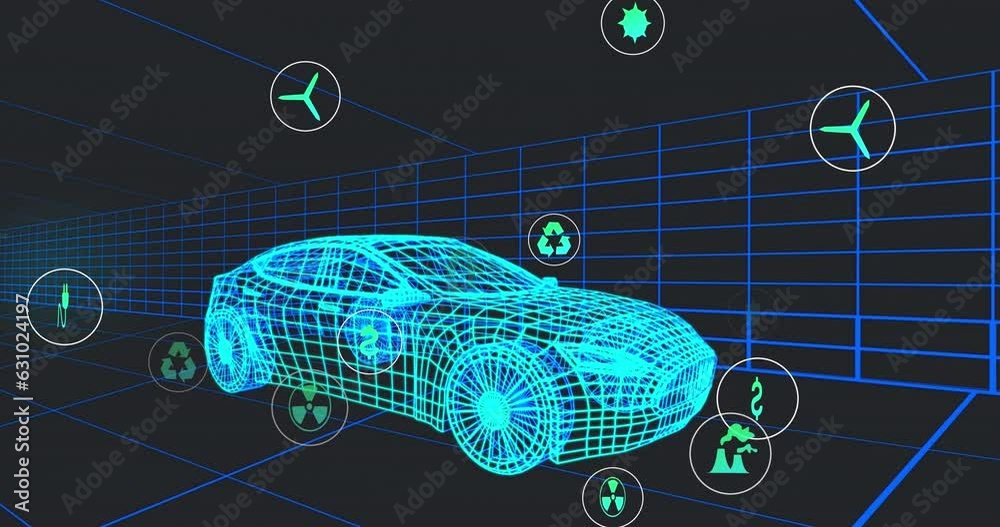 Poster animation of multiple digital icons over 3d car model moving in seamless pattern in a tunnel
