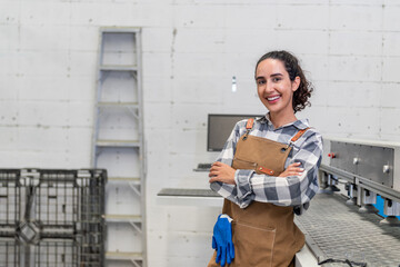 One Strong confident young aged women carpenter standing look at camera in workshop. Latin female...