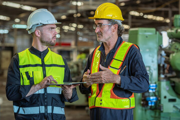 Two professional engineer worker technician assistant in helmet inspection check old machine...