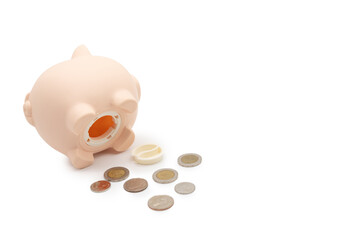 Open piggy bank with money on isolated background. getting money from a piggy bank.