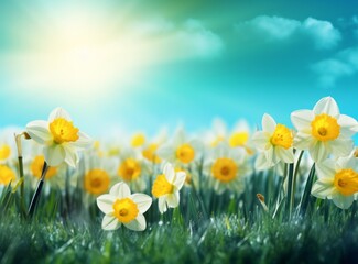 Daffodils and bright green grass background