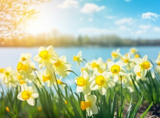 Fototapeta na wymiar Daffodils and bright green grass background