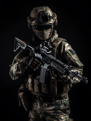 Special forces soldier in camouflage uniform holding gun