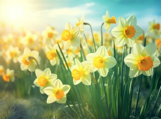 Daffodils and bright green grass background