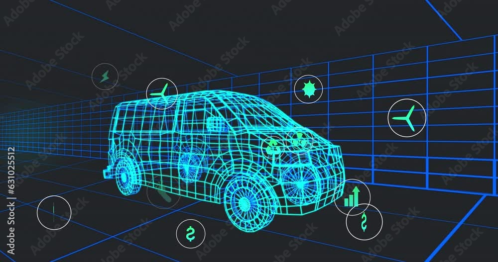 Poster animation of multiple digital icons over 3d van model moving in seamless pattern in a tunnel