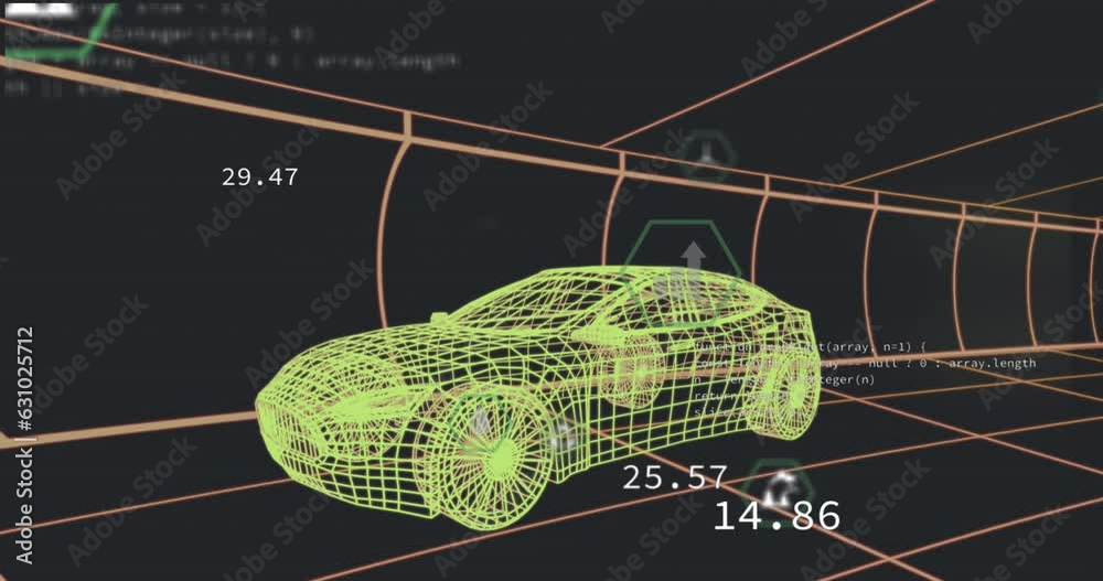 Poster animation of multiple digital icons over 3d car model moving in seamless pattern in a tunnel
