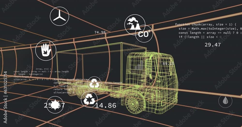 Poster animation of multiple digital icons over 3d truck model moving in seamless pattern in a tunnel