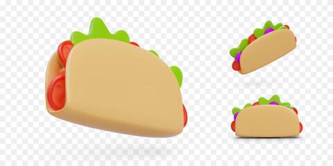 Collection of realistic tacos with vegetarian filling. Isolated color vector image in cartoon style. Hot Mexican cuisine. Traditional fast food. Dish that is eaten with hands