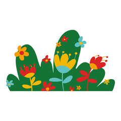 beauty colorful flowers and green curve shape as bush or grass illustration