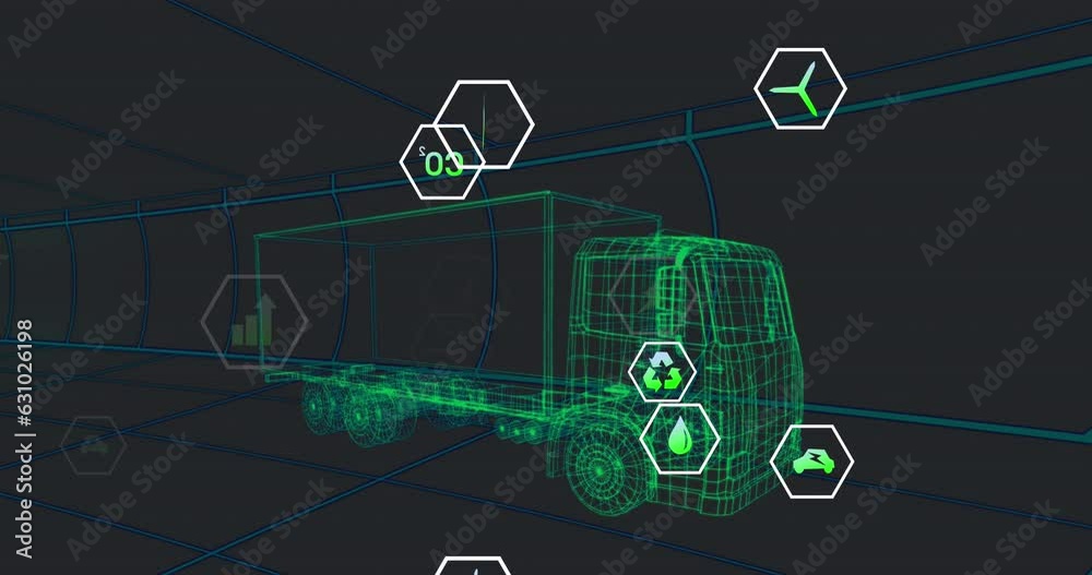Poster animation of multiple digital icons over 3d truck model moving in seamless pattern in a tunnel