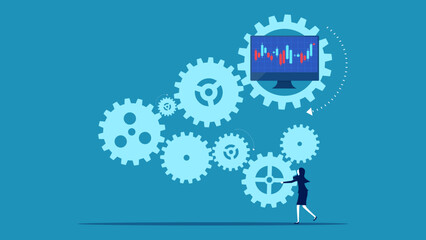 Businesswoman connects gears to form a stock graph. Investment concept. vector