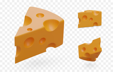 Set of isolated 3D images of cheese with holes. Cut off triangular piece of Swiss cheese. Dairy healthy farm product. Slice hard cheese. Lactose natural food