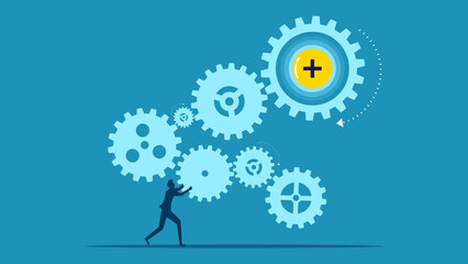 Optimization process. Businessman connecting gear drive mechanism vector