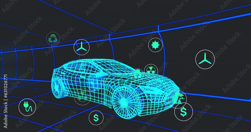 Poster animation of multiple digital icons over 3d car model moving in seamless pattern in a tunnel