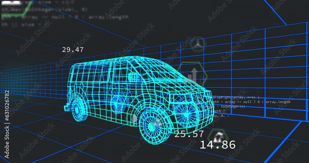 Poster animation of multiple digital icons over 3d van model moving in seamless pattern in a tunnel