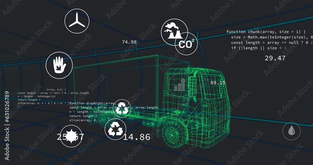 Poster animation of multiple digital icons over 3d truck model moving in seamless pattern in a tunnel