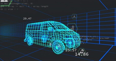 Animation of multiple digital icons over 3d van model moving in seamless pattern in a tunnel - Powered by Adobe