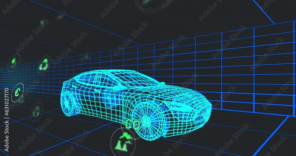 Poster animation of multiple digital icons over 3d car model moving in seamless pattern in a tunnel