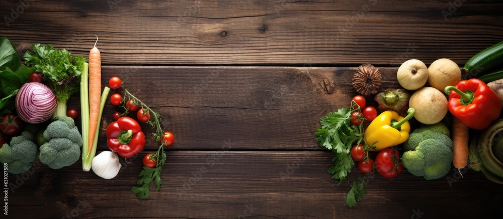 Poster wooden surface with a variety of vegetables arranged on it. there is space for text or other items o