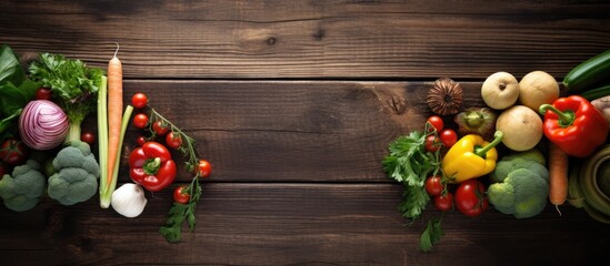 wooden surface with a variety of vegetables arranged on it. There is space for text or other items on