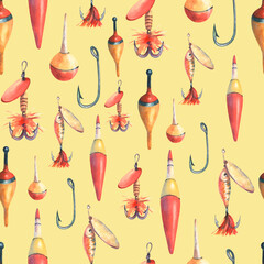 Seamless pattern with fishing tackle, bobber float,, hooks and lures. Hand drawn watercolor painting isolated on yellow background, cut out clip art element for textile, postcards, scrapbooking. © Brelena