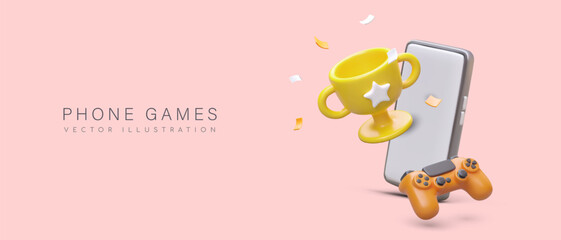 Mobile games. Online championship, prize cup. High quality games of various types in smartphone. Quests, arcades, RPG, simulators, strategies. Poster with floating 3D objects © ArtHub02