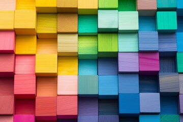 Spectrum of stacked multi-colored wooden blocks. Background or cover for something creative, diverse, expanding, rising or growing, Generative AI