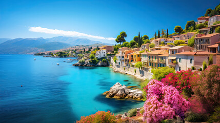 Mediterranean landscape with azalea flowers. French reviera, view of stunning coastal town