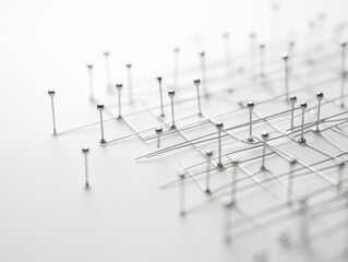 Hierarchy, command chain, company organization structure or layer and grouping concept image. Top down structure made from chrome wires and silver nails and wire on white. Shallow depth, Generative AI