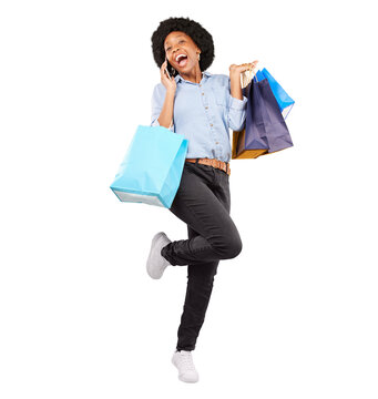 Shopping bags, phone call and a happy customer or woman excited for sale, discount or promotion. Black female person isolated on a transparent, png background with smartphone, connection or wow deal