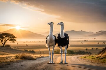 ostrich at sunset