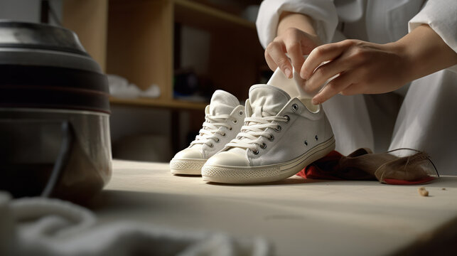 Man is cleaning sneakers in a workshop. Shoe shine service. The shoemaker prepares the shoes for the season. Shoe brush close-up. Shoe care with a special product