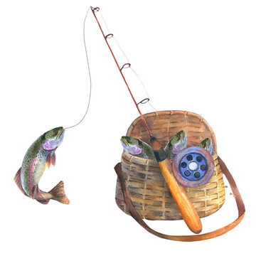 Fishing bag filled with fish trout, next to the fishing rod. Watercolor illustration isolated on a white background. Cut out clip art element for design, postcards, stickers, scrapbooking, poster.