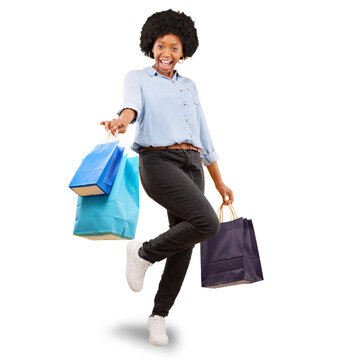 Shopping bags, excited and portrait of a happy customer or woman with sale, discount or promotion. Black female person isolated on transparent, png background with retail gift, surprise or wow deal
