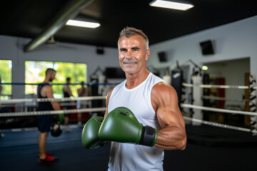 Fototapeta na wymiar A smiling mature man with boxing gloves in the gym