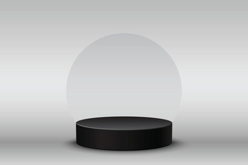 3D black cylinder pedestal podium with circle scene background. Abstract minimal scene for products stage showcase, Promotion display. Vector geometric forms. (16:9 aspect ratio)
