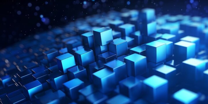 Rising momentum of data intelligence. Big data and Ai core data concept image. Dark and light metallic blue block stacked and rising. Shallow depth of, Generative AI
